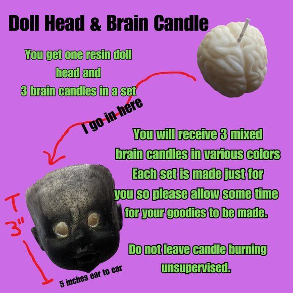 Creepy Baby Doll Head Candle Holder with 3 Brain Candles - Picture 9 of 9